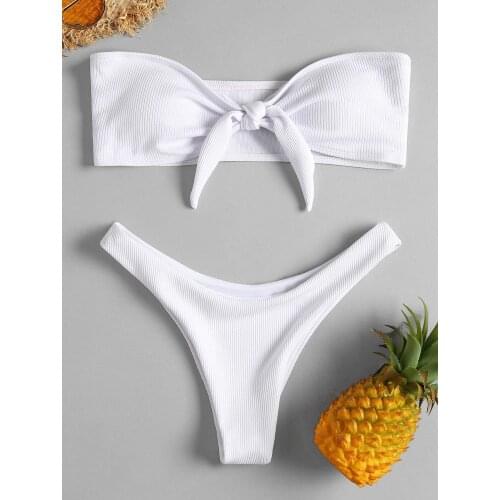 Womens Bikini Set Tube Top Bow Sexy Split Swimsuit White Red Solid Color Striped Polyester Two-piece Suit Swimwear
