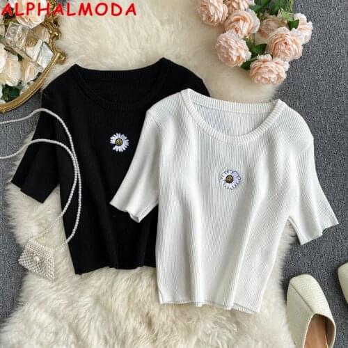 ALPHALMODA Summer Popular Daisy Sweater Short-sleeved Embroidered Flower Women Short Casual Jumper Hot Trend Ladies Sweater