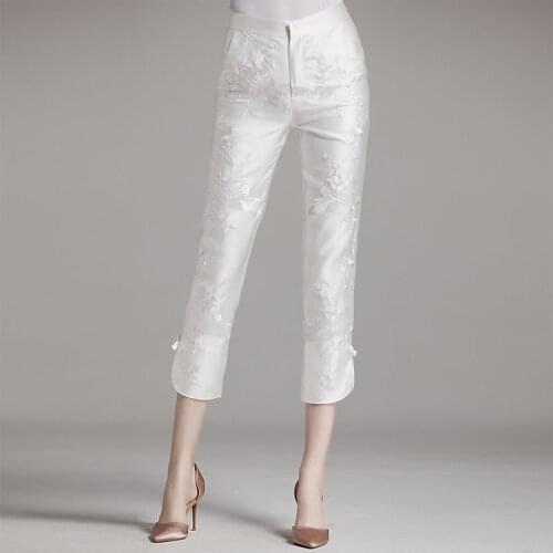 Retro-inspired Chinese Embroidered Autumn Slim Fit Buttoned Tang Suit Pant Ethnic White Buttons Zipper Opening Womens Clothing