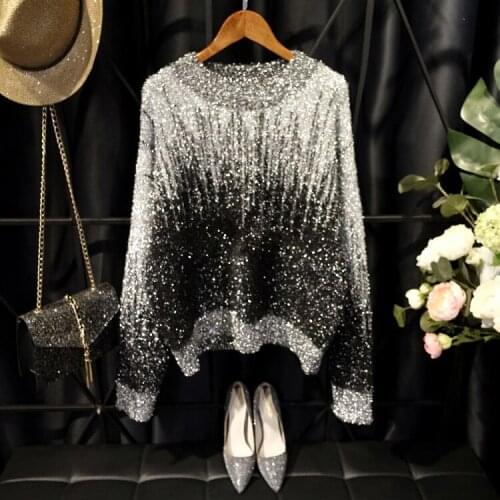 Womens autumn winter shiny yarn knitted gradient color sweater Female long sleeve casual loose blingbling chic pullover TB1063