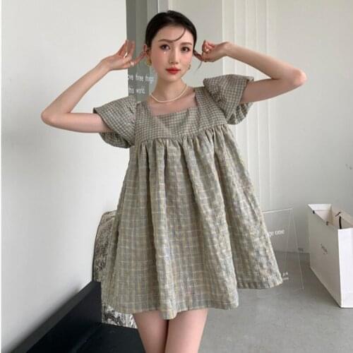 Korean Fashion Puff Sleeve Square Collar Plaid Pleated Loose Dress Women 2021 Summer New Puffy High Waist Doll Dress
