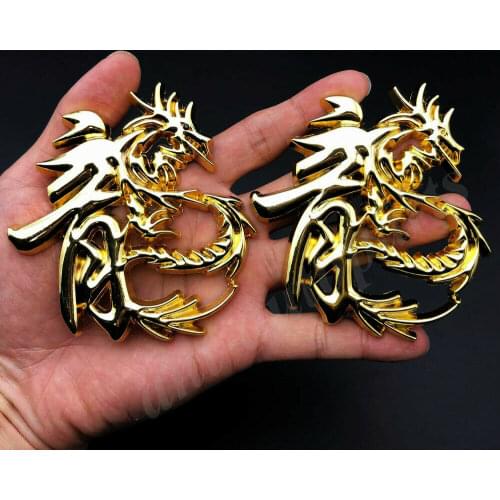 2pcs Big Metal Golden Chinese Dragon Character Car Emblem Badge Sticker Decal