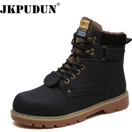 Warm Winter Ankle Boots Men Casual Shoes Lace-Up Autumn Leather Waterproof Work Tooling Mens Boots Military Army Botas JKPUDUN