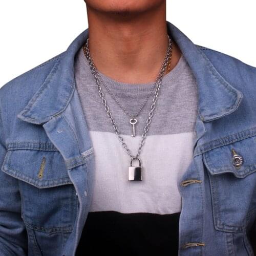 Stainless Steel Double Key Lock Necklace Punk Padlock Pendant Necklace Hip Hop Men and Women Fashion Couple Gothic Jewelry