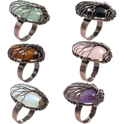 Personalized Resizable Tiger Eye crystal Ring Oval Natural Stone Mixed Crystal Copper Handmade Wire Wrap Tree of Life Jewelry