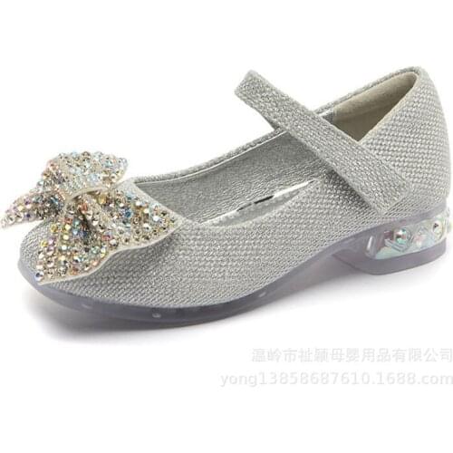 Girl’s Leather Shoes Childrens Princess Soft-soled Little Girls Crystal Shoes Autumn Bowknot High Heel Shoe