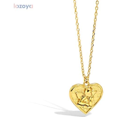 LOZOYA New 100% 925 Sterling Silver Gold Fashion Women Cupid Eros Love Heart Pendant Necklace long Chain Fine Jewelry