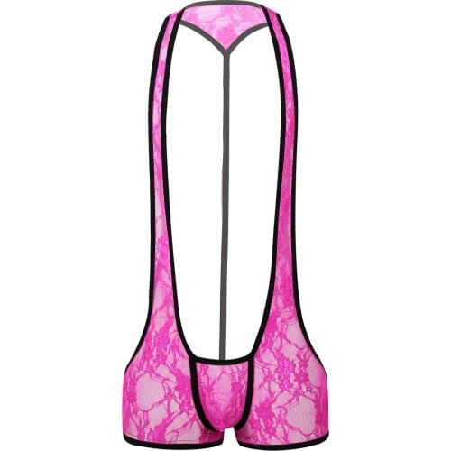 Men Male Gay Sexy issy See Through Sheer Lace Lingerie Front Bulge Pouch Open Butt Leotard Bodysuit Wrestling Singlet Underwear