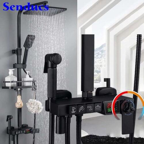 Thermostatic Shower Set Matte Black Digital Bathroom Shower System 12 Inch Rainfall Shower Head Black Digital Shower Mixer Set