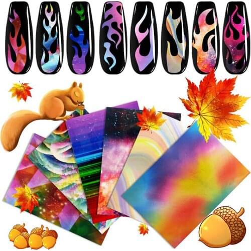 Flame Reflections Nail Stickers - 16PCS Holographic Fire Flame Maples Nail Art Decals Nail Stencil Tape for Nails Manicure