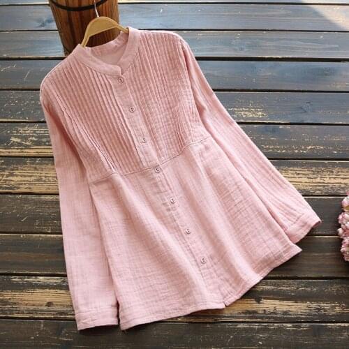 7521 New Spring Women Blouse Japan Style Literary vintage Stand Collar Cotton Long Sleeve Shirt Loose Casual Tops Women