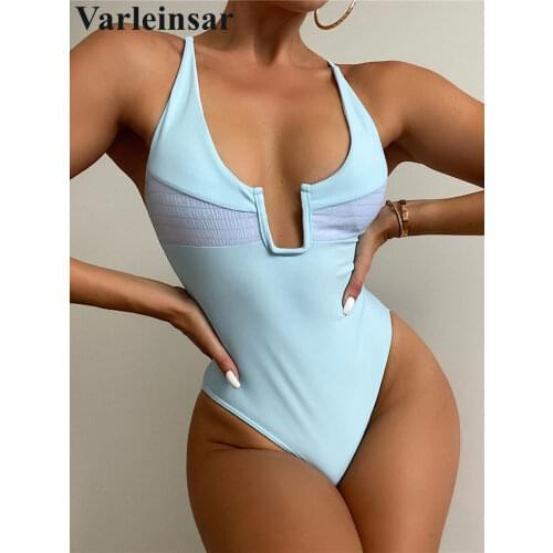 New Sexy 5 Colors U Neck High Cut Women Swimwear One Piece Swimsuit Female Splicing Monokini Bather Bathing Suit Swim Lady V3201