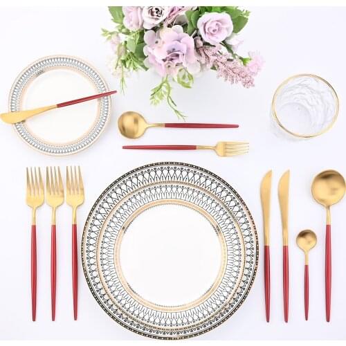 JANKNG Red Gold Cutlery Set Fork Knives Spoon 18/10 Stainless Steel Dinner Dinnerware Set Fork Spoon Knife Silverware Tableware