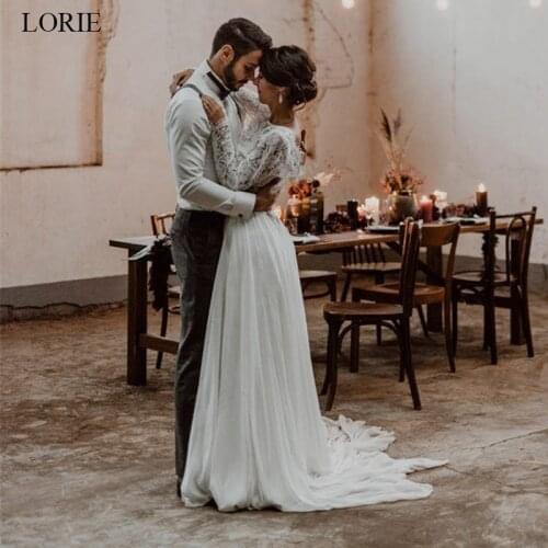 LORIE Two Pieces Wedding Dress 2019 Lace top and Chiffon Skirt Bride dress Long Sleeve A-Line Sumer Beach Wedding Dresses