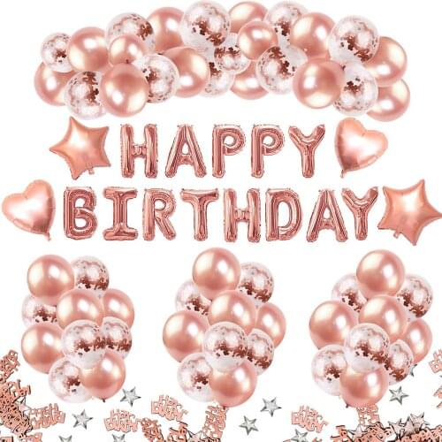 Rose Gold Balloons + Confetti + Happy Birthday Letter Balloons | Bride and Baby Shower Balloon Decoration | Latex Party Balloons
