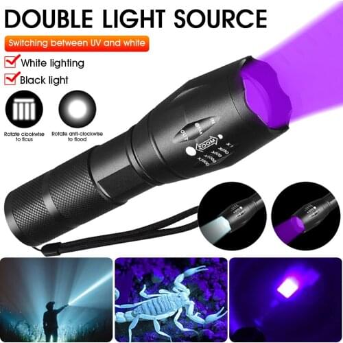 T6 white light +395nm UV Flashlight Ultra Violet Light With Zoom Function Mini UV Black Light Pet Urine Stains Detector Scorpion