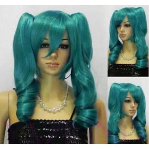 Zhaoxia++07707@Q8@* +++New wig Cosplay Short Dark Green wig Heat Resistant Wig + Two Ponytails