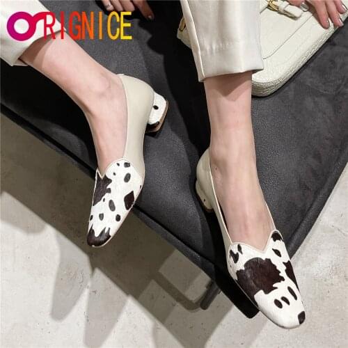 Orignice New Arrival Women Genuine Leather Pumps Slip On Round Toe Thick Heels Mixed Color Casual Street Hoes Handmade For Lady