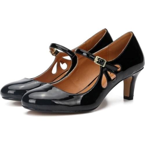 Women Pumps Stilettos Ladies Shoes Patent Leather Buckle Strap 6CM Thin High Heels Round Toe fashion Dress Party women shoes