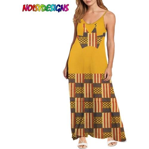 NOISYDESIGNS African Tribal Printing Yellow Summer Dress Woman Robe Sleeveless Elegant Long Dress Holiday Travel Daily Office