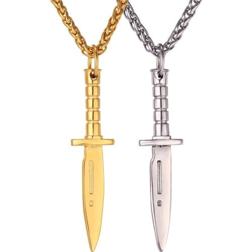 Gold Color/ Stainless Steel Knife Pendant Necklace For Men Wholesale Dagger Pendant & Chain Punk Jewelry P398