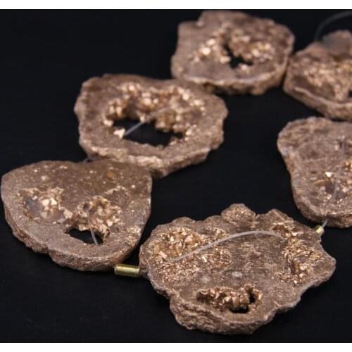 15.5"/strand Shing Gold Titanium Large Quartz Geode Druzy Freeform Slab Nugget Beads,Natural Crystal Drusy Slice Pendant Jewelry