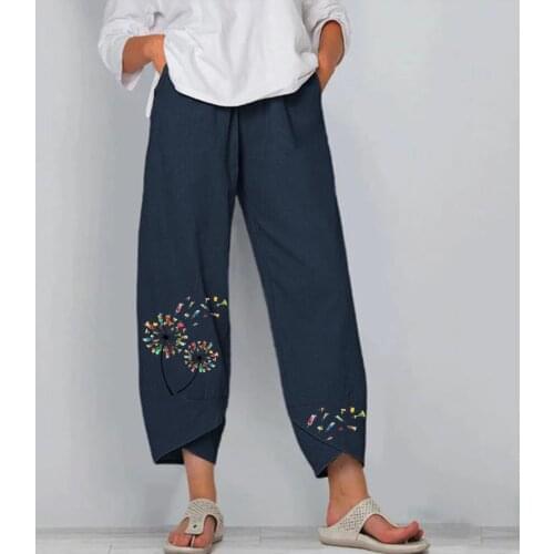 2021 Women Casual Harem Pants Elastic Waist Wide Leg Pants Plus Size Vintage Dandelion Print Trousers Female Loose Summer Pants