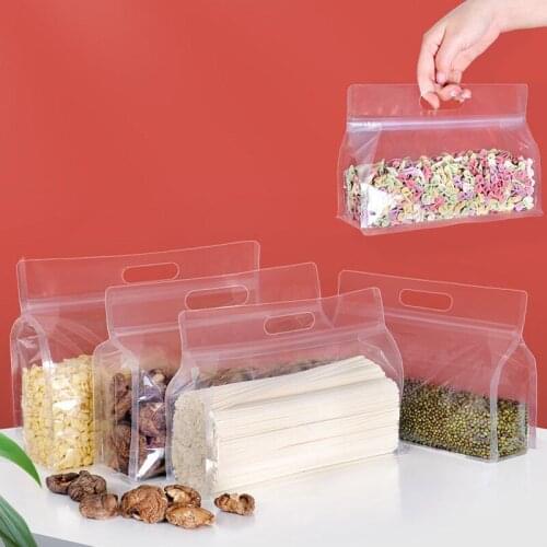 500Pcs/Lot Wide Mouth Transparent Resealed Ziplock Stand Up Pouches Reusable Snack Nut Bean Rice Grains Food Bag with Handle