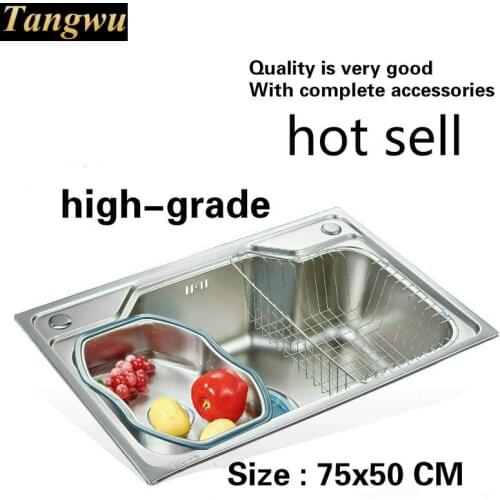 Free shipping Household high-grade standard large kitchen single trough sink 304 stainless steel hot sell 750x500 MM