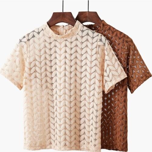 New Stand Collar Hollow Out Lace Shirt Women Tops Short Sleeve Female Summer Vintage Blouse Floral Woman Clothes Ladies Blouses