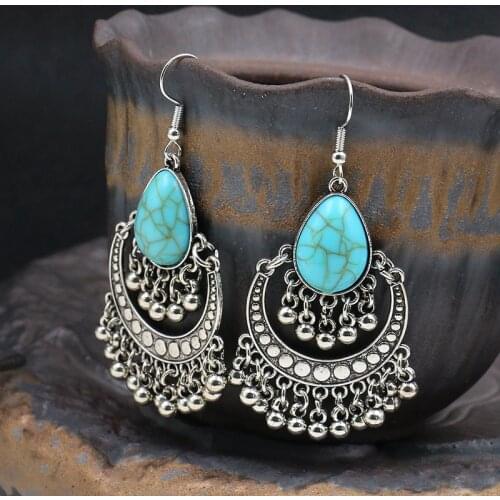 Bohemia Silver Color Tassel Earrings Womens 2020 Gypsy Turquoises Stone Bead Dangling Earrings Turk Jewelry Jhumka Earrings