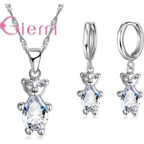Brand Shiny Jewelry Sets for Women 925 Sterling Silver Lovely Bear Pendant Best Wedding Necklace Earrings Accessories Hot