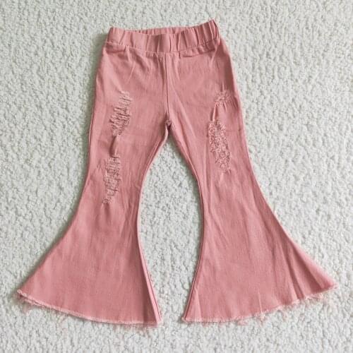 Kids fashion denim pants girls high quality bell pants baby girls hot sell Solid color ripped jeans