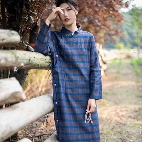 SCUWLINEN 2020 NEW Spring Autumn Women Dress Classic Plaid Stand-collar Lacing Long Linen Dress Loose Vintage Robe Vestidos S972