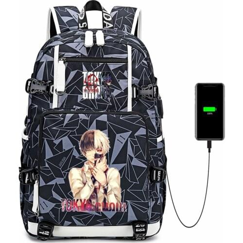 Canvas Anime Tokyo Ghoul USB Casual Charging Backpack Zipper School Bag Shoulder Bag Mochila Laptop Bag Travel Bag Rucksack