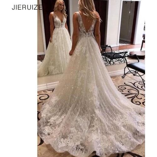 JIERUIZE Shiny Fabrics Luxury Backless Wedding Dresses Deep V-neck Sexy Summer Bridal wedding Gowns vestido de noiva