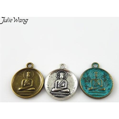 JulieWang 15PCS Mixed Sale Antique Color Round Alloy Pendant Buddha Pattern Charm Making Religious Hanging Craft Jewelry Finding