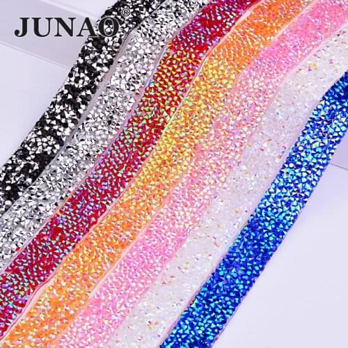 JUNAO 5yard*15mm Transparent AB Crystal Fabric Hotfix Resin Rhinestones Band Trim Strass Ribbon Crystal Applique for DIY Clothes