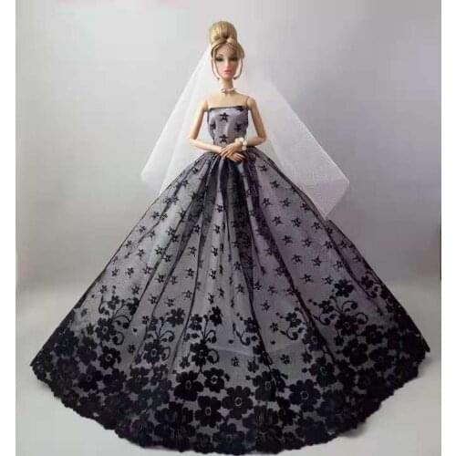 11.5" Classic Black Floral Lace Wedding Dress for Barbie Doll Clothes Princess Outfits 1/6 BJD Accessories Elegant Gown Toy Gift