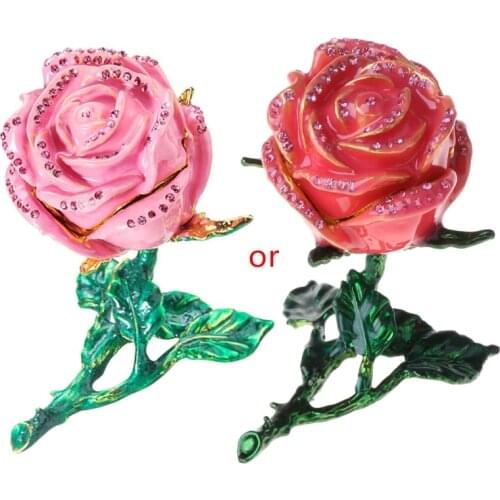 Creative Alloy Rose Flower Jewelry Storage Box Organizer Holder Decoration Faux Diamond Rings Earrings Case K3ND