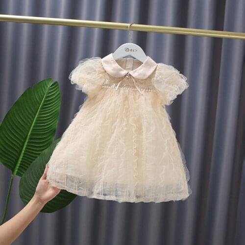 Summer Baby Girls Fashion Pearl Lace Gauze Princess Dress