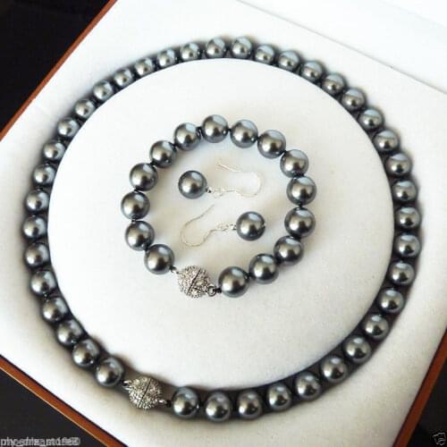 Hot sale new Style Genuine 10mm Gray South Sea Shell Pearl Beaded Necklace Bracelet Earrings Set 18inch real Women Fine for lady