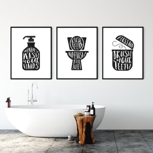 Bathroom Wall Art Decor Funny Bathroom Flush Toilet Sign and Wash Hand Minimalist Art Painting Wall Picture Toilet Decoration