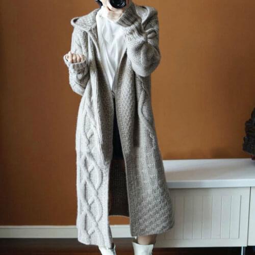 Autumn Winter Fashion Hooded Long Knit Sweater Coats Women Solid Loose Cardigans Warm Knitwear Kimono Plus Size Knitted Outwear