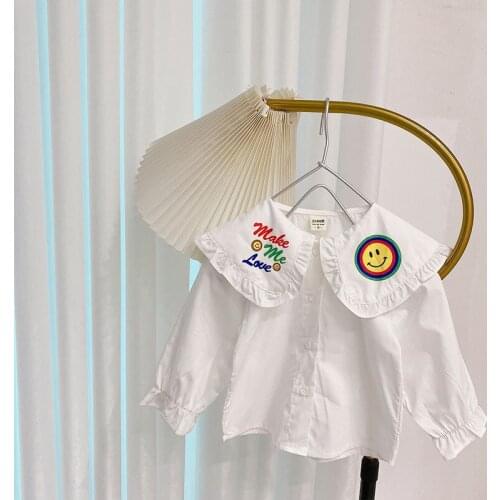 Girls Autumn Long Sleeve Shirt Kids White Smiling Face Shirt New Baby Korean Top Childrens Clothing Spring Cute Shirt