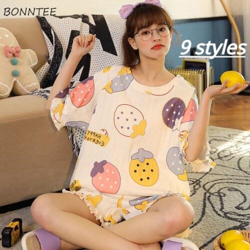 Pajama Sets Women Print Design Artistic Popular Home Wear Kawaii Loungewear Korean Style Stylish Summer Round Neck Nighty Female