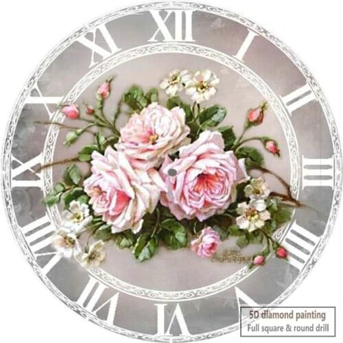 Full square 5d diy diamond painting cross stitch wall clock rose icon diamond embroidery rhinestone mosaic decoration