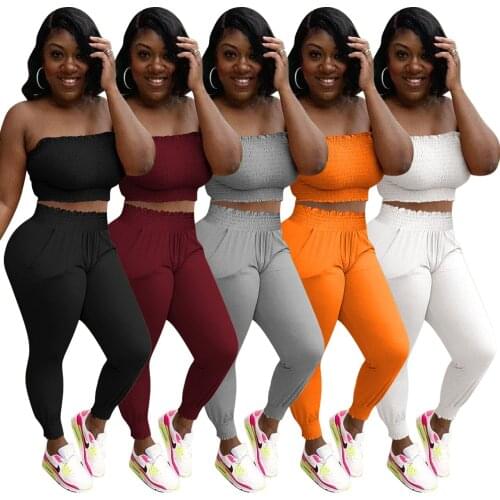 Casual Solid Ruched Tube Crop Top + Sweat pants Slim Two Piece Set Women Sexy Off the Shoulder Streetwear Matching set Clothing