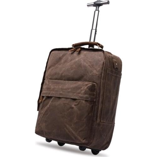 Dropship Mens Oil Waxed Multifunction Luggage Bags Fixed Casters Waterproof Canvas Trolley Backpacks 15.6" Laptop Trolley Bags