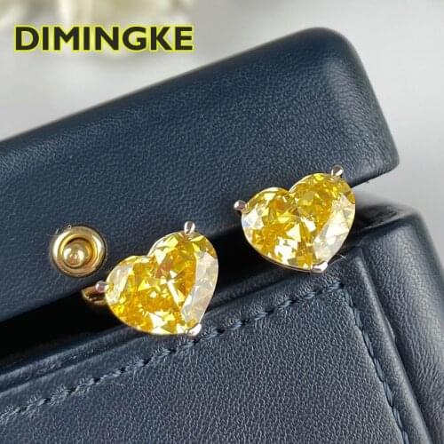 DIMINGKE Heart Shaped 7*7 Yellow Pink Diamond Earrings 100%-S925 Silver Senior Woman Jewelry Party Wedding Birthday Gift